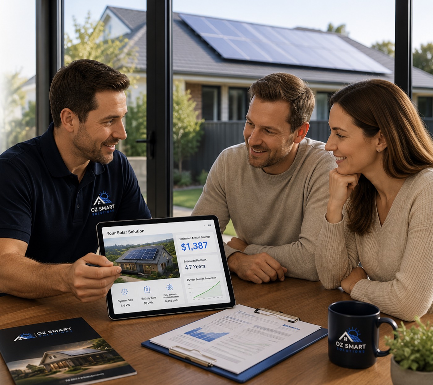 Oz Smart Solutions consultant comparing solar options with homeowners